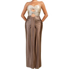 Strapless evening gown with cut-out design on a white background