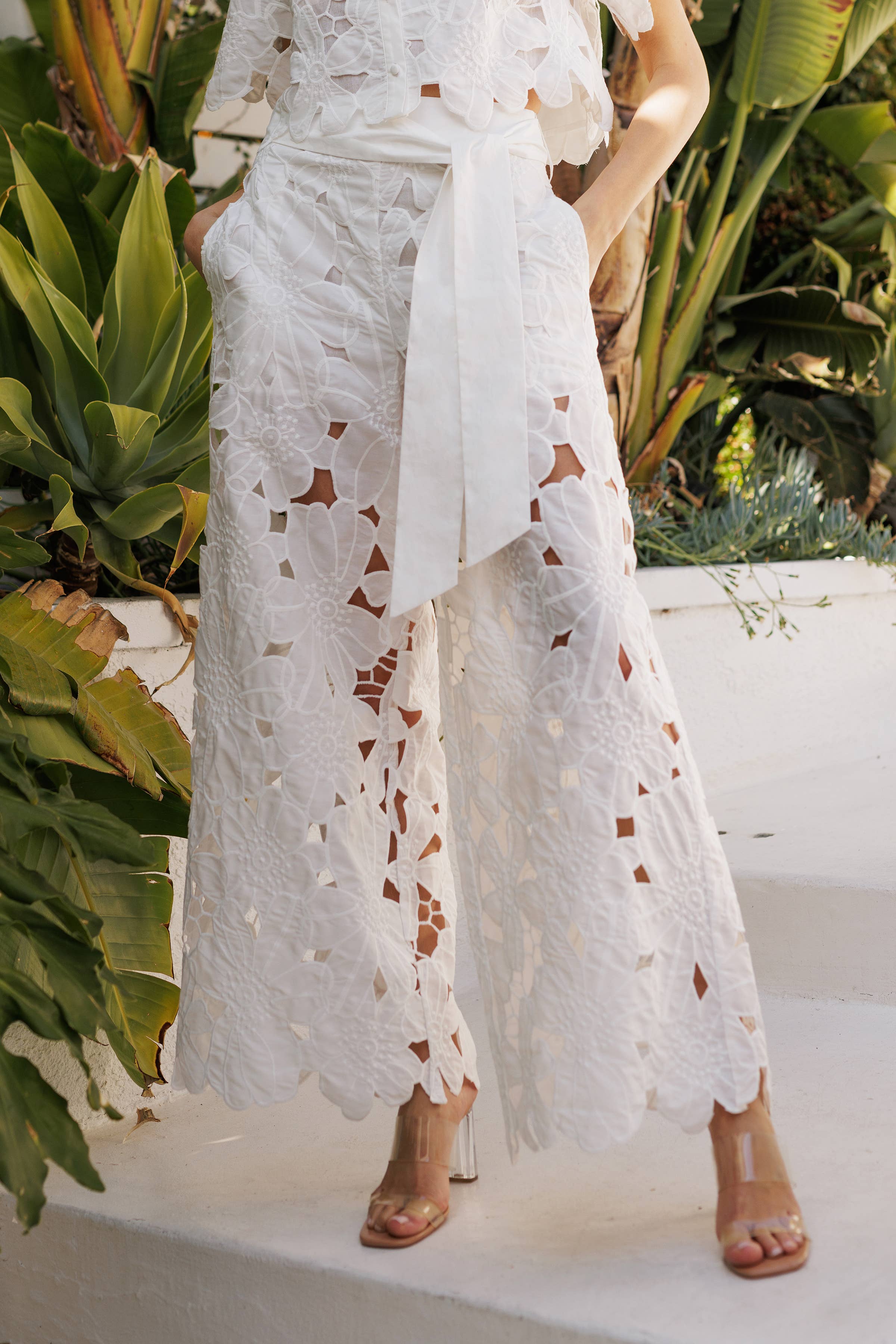 Floral Lace Belted Pants Set featuring intricate lace details and flowing silhouette, perfect for elegant occasions.