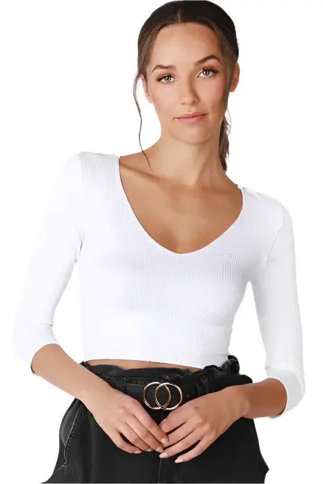 Ribbed 3/4 Sleeve V Neck Crop Top - White – Alicia DiMichele Boutique