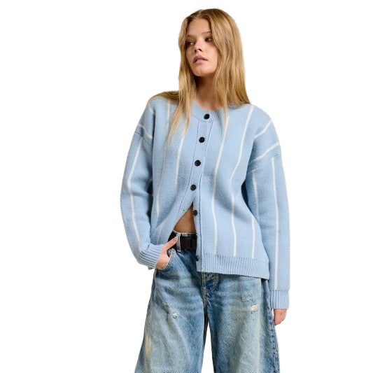 Striped Knit Button Down Cardigan – Slouchy Sky Blue Sweater