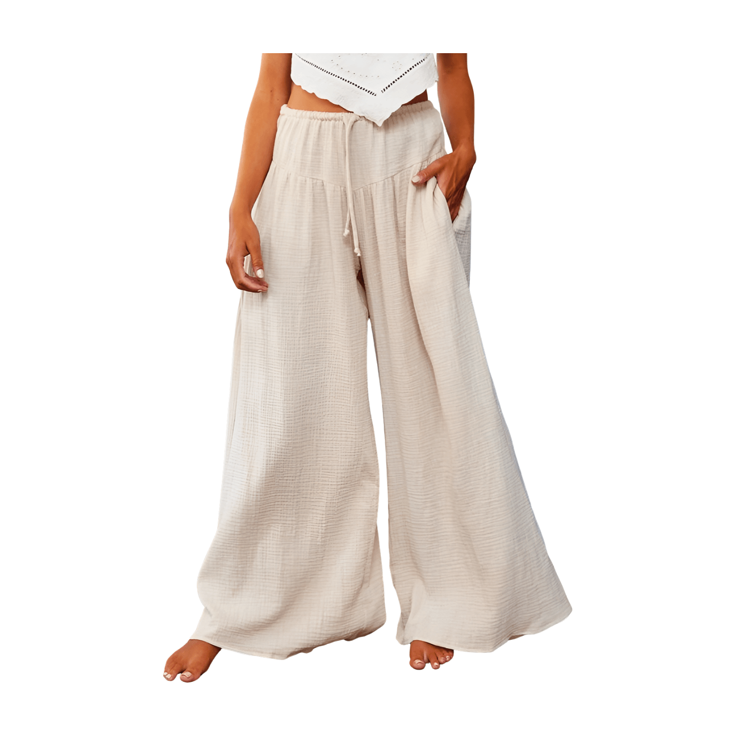 Cotton Gauze Wide Leg Pants - Natural