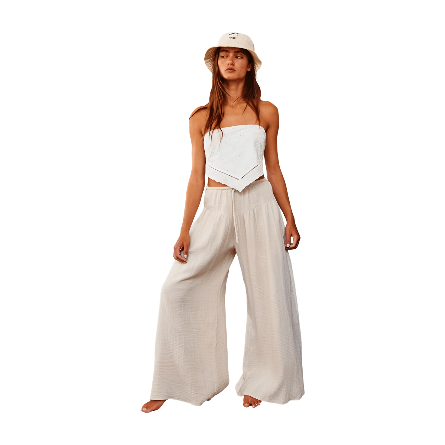 Cotton Gauze Wide Leg Pants - Natural