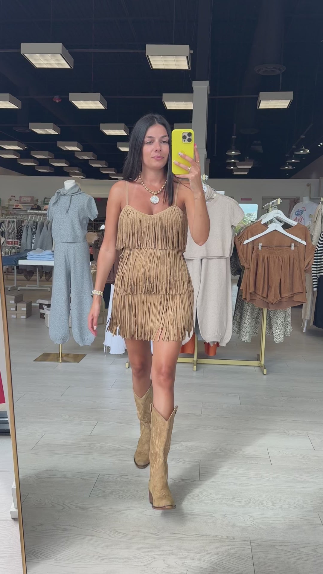 Sundance Fringe Suede Mini Dress – Beige Sleeveless Tiered Style