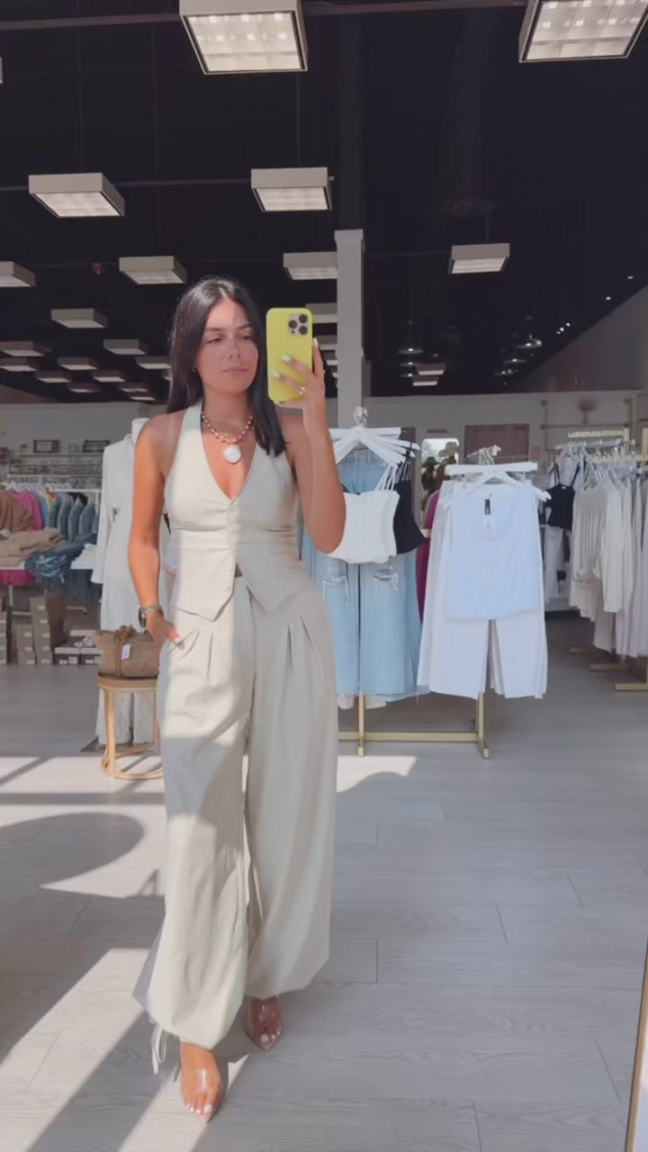 Bone Pintuck Wide Leg Pants – Stretch Drawstring Hem Style