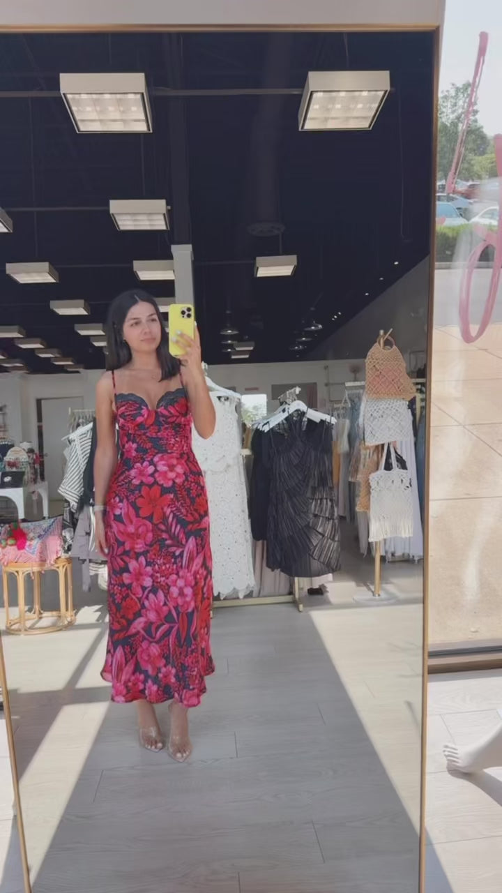 Ruby Bloom Satin Dress available at Alicia DiMichele Boutique – stylish women’s fashion and accessories.