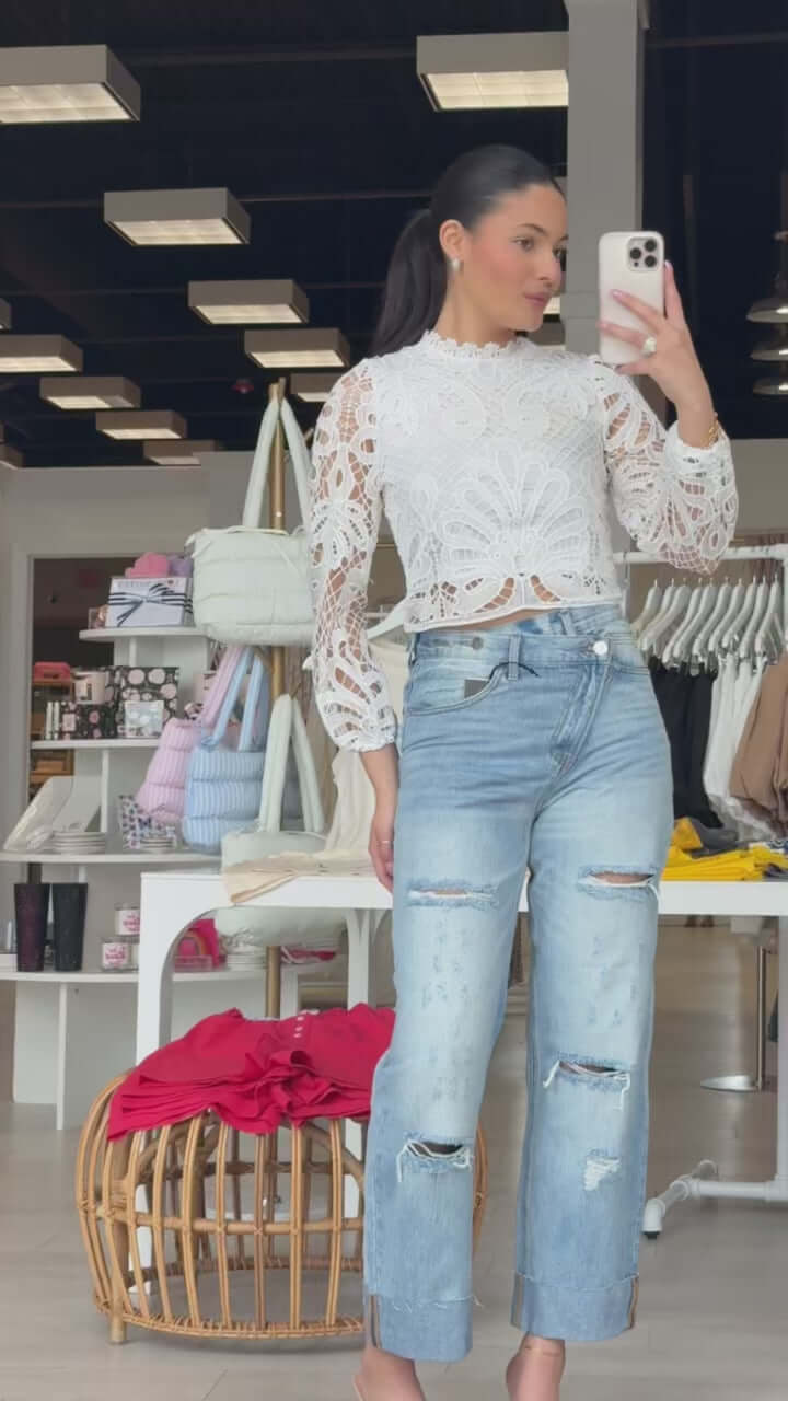 High Rise Ripped Raw Hem Crossover Jeans – Alicia DiMichele Boutique