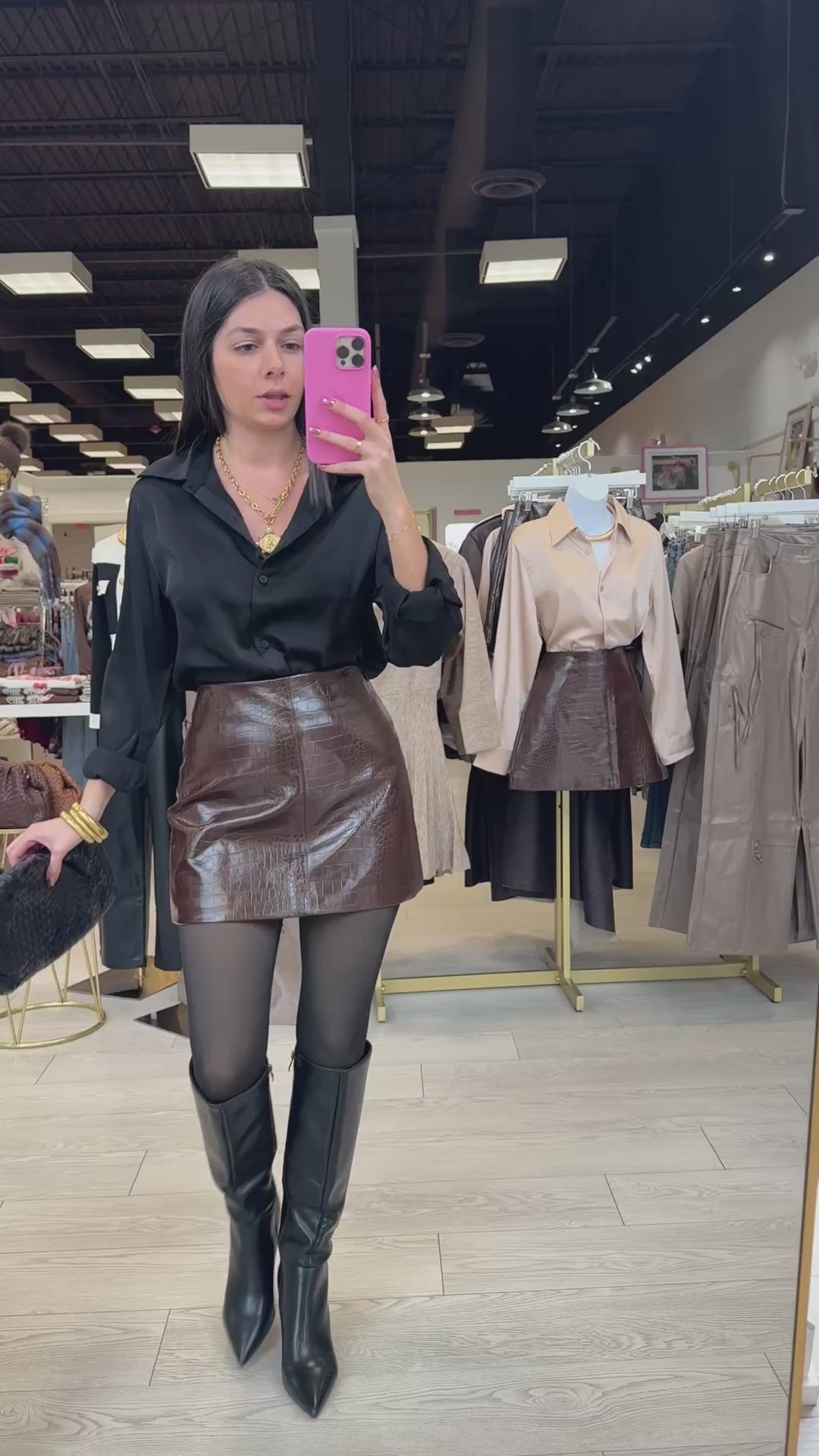 Croc Effect Faux Leather Mini Skirt – Brown – Alicia DiMichele