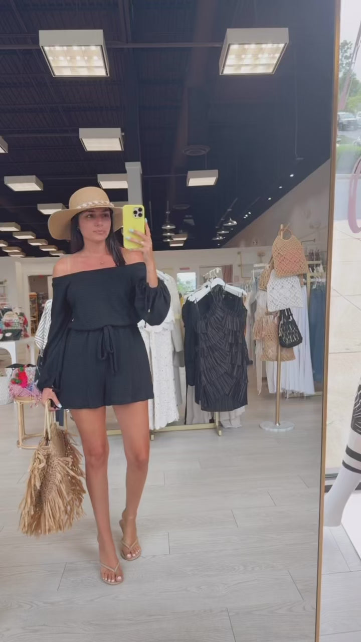 Off-Shoulder Waffle Knit Romper – Black available at Alicia DiMichele Boutique – stylish women’s fashion and accessories.